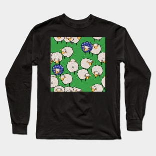 Sheep on Grass Royal Blue Flowers Long Sleeve T-Shirt